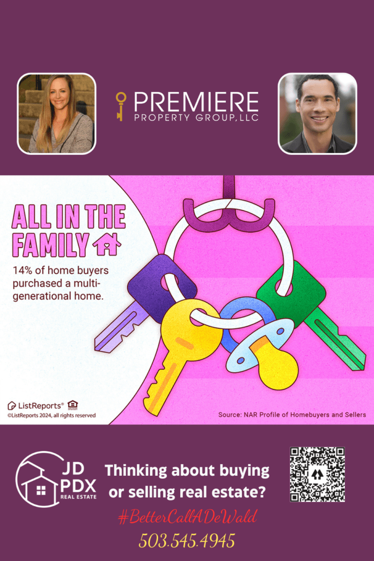 Considering a Multigenerational Home. A promotional image for JD PDX Real Estate and Premiere Property Group, LLC. The top half features the text "All in the Family" with a statistic: "14% of home buyers purchased a multi-generational home." The illustration shows a keychain with various colorful keys and a baby pacifier. The bottom half includes contact information for the real estate services, photos of two agents, the tagline "#BetterCallADeWald," a phone number (503.545.4945), and the company logos. The design highlights the trend of multi-generational homes.