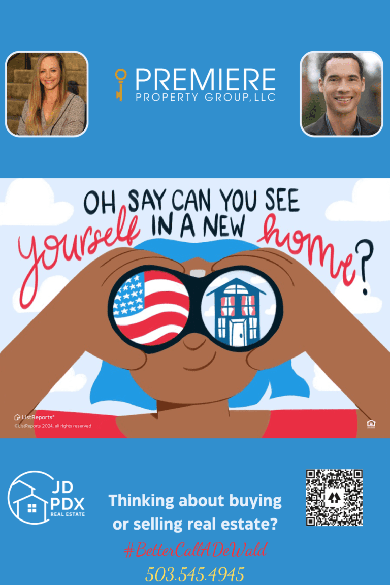 Happy 4th of July 2024. A promotional image for real estate services themed around the 4th of July. The top part features a person looking through binoculars with reflections of the American flag and a house in the lenses. The text above reads "Oh say can you see yourself in a new home?" The bottom section includes contact information for JD PDX Real Estate and Premiere Property Group, LLC, with photos of two real estate agents, the tagline "#BetterCallADeWald," a phone number (503.545.4945), and a QR code. The design combines patriotic elements with real estate marketing.