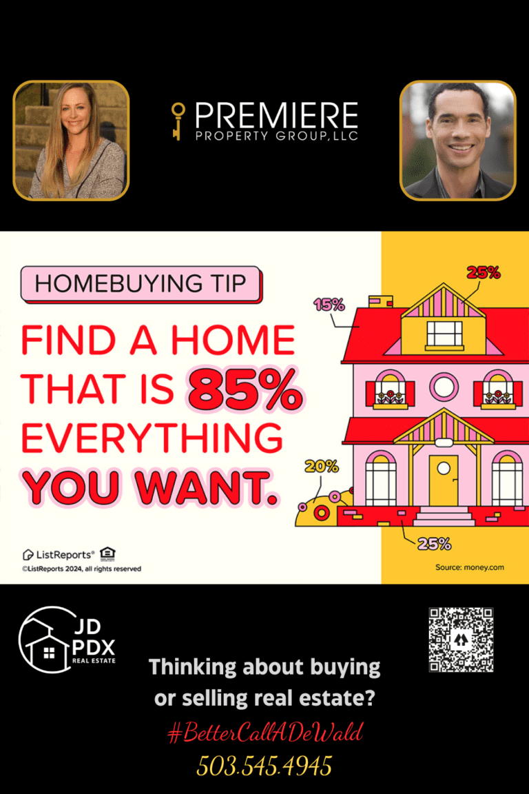Homebuying Tips. The image is a promotional graphic for real estate services with the main homebuying tip prominently displayed. The top section features a pink banner labeled "HOMEBUYING TIP" and a large, bold red text stating "FIND A HOME THAT IS 85% EVERYTHING YOU WANT." An illustration of a house divided into colorful sections with percentages (25%, 15%, 20%, 25%) represents different parts of the home. The source "money.com" is noted at the bottom right of the house graphic.