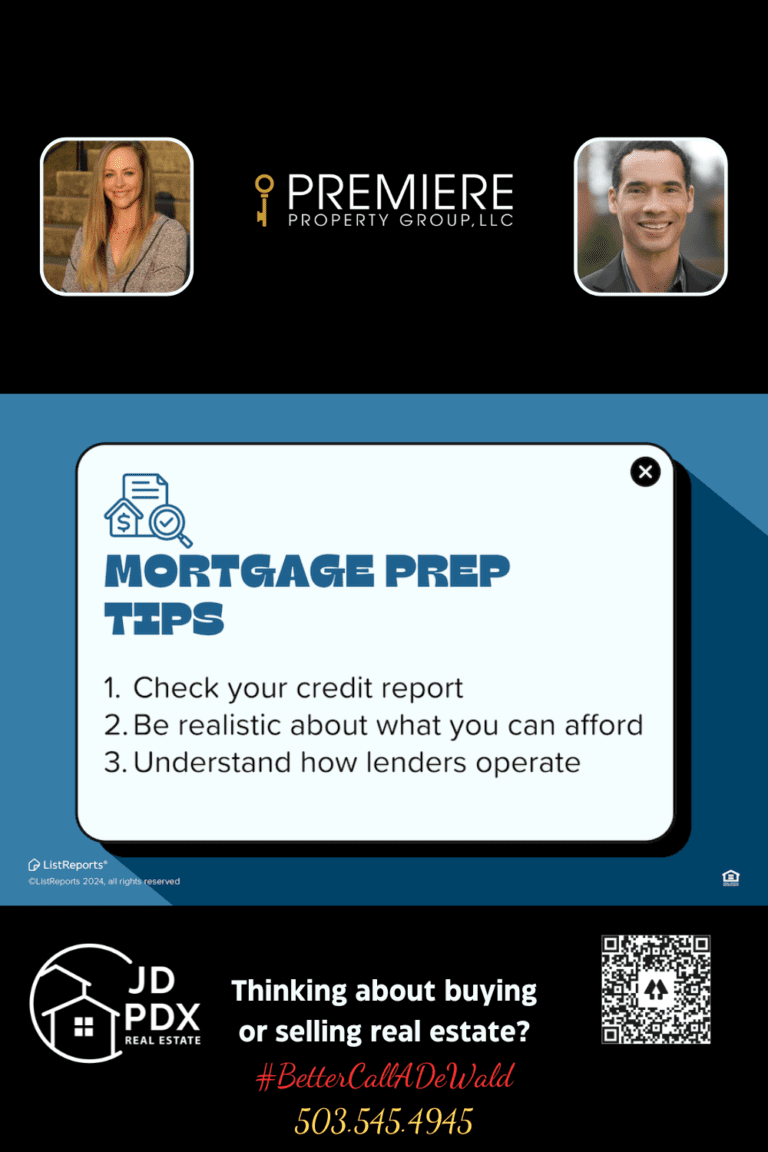 Mortgage Prep Tips.A promotional image for JD PDX Real Estate and Premiere Property Group, LLC. The top section includes the company logo and photos of two real estate agents. The middle section features a "Mortgage Prep Tips" box with three tips: 1. Check your credit report, 2. Be realistic about what you can afford, 3. Understand how lenders operate. The bottom section includes the JD PDX Real Estate logo, contact information (503.545.4945), and the tagline "#BetterCallADeWald," along with a QR code. The design is professional and informative, aimed at helping prospective homebuyers prepare for a mortgage.