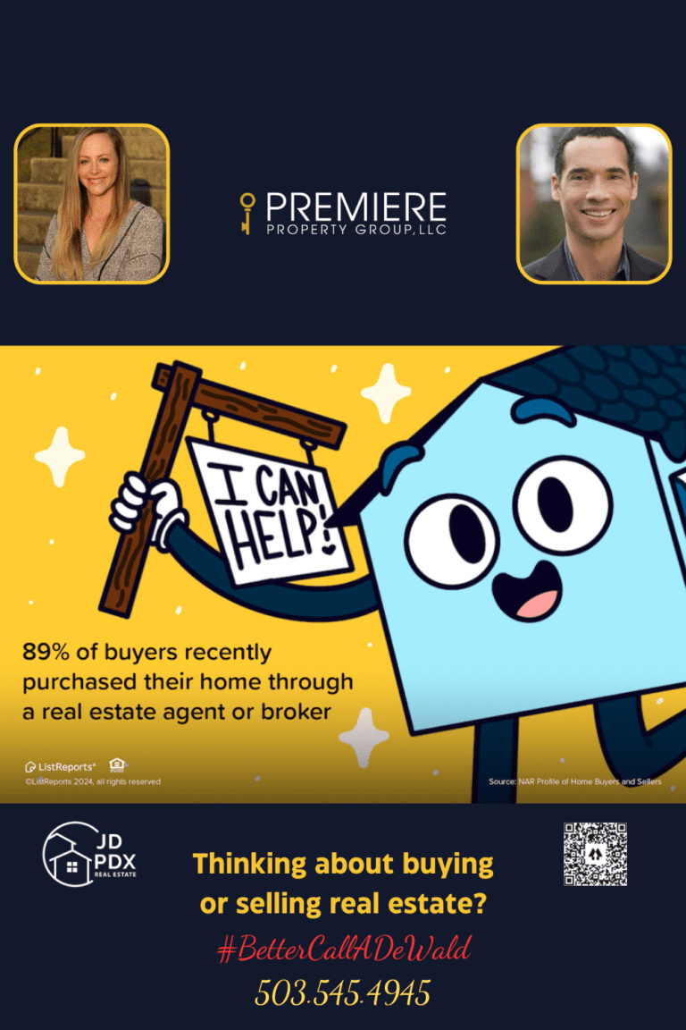 A Trusted Agent By Your Side. A promotional image for a real estate service featuring a cartoon house character holding a sign that reads "I Can Help!" The background is bright yellow with small star-like shapes. Below the cartoon, there's a statistic stating, "89% of buyers recently purchased their home through a real estate agent or broker." The lower part of the image includes contact details with photos of two real estate agents and a tagline, "Thinking about buying or selling real estate? #BetterCallADeWald," along with a phone number and logos for JD PDX Real Estate and Premiere Property Group, LLC. A QR code is also visible on the right side.