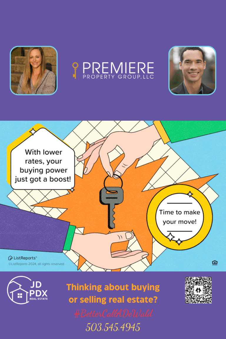 Buying Power Just Increased. A vibrant graphic promoting real estate services. The image features a pair of hands exchanging a key, symbolizing a successful home transaction. One speech bubble reads "With lower rates, your buying power just got a boost!" and another says "Time to make your move!" The bottom section includes branding for JD PDX Real Estate and Premiere Property Group, LLC, with a call to action: "Thinking about buying or selling real estate?" followed by the hashtag #BetterCallADeWald, a phone number, and small profile pictures of two real estate agents.