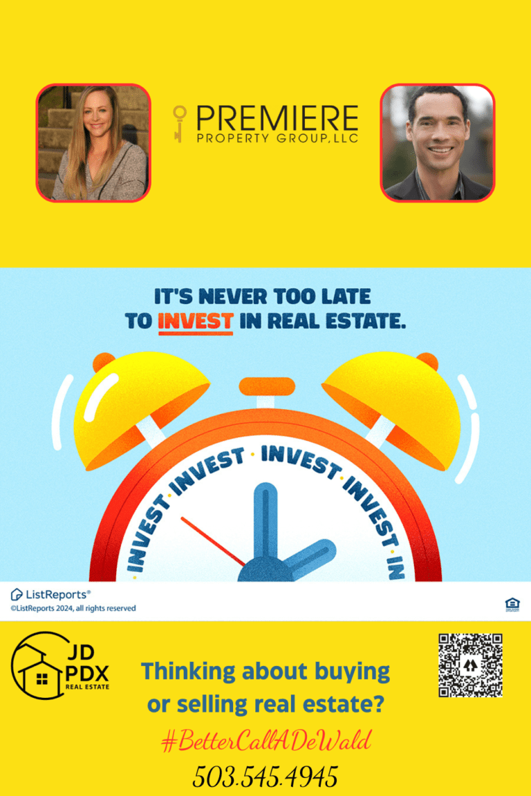 Invest in Real Estate. A promotional graphic for investing in real estate. The top part features a yellow alarm clock with the text 'It's never too late to invest in real estate.' The clock face has the word 'INVEST' repeated around it. The bottom part is a yellow banner with real estate agent details: a headshot of a woman on the left, text in blue and red reading 'Thinking about buying or selling real estate? #BetterCallADewald,' and contact information including a phone number (503.545.4945) and the logo of Premiere Property Group, LLC. There's also a headshot of a man on the right with a QR code.