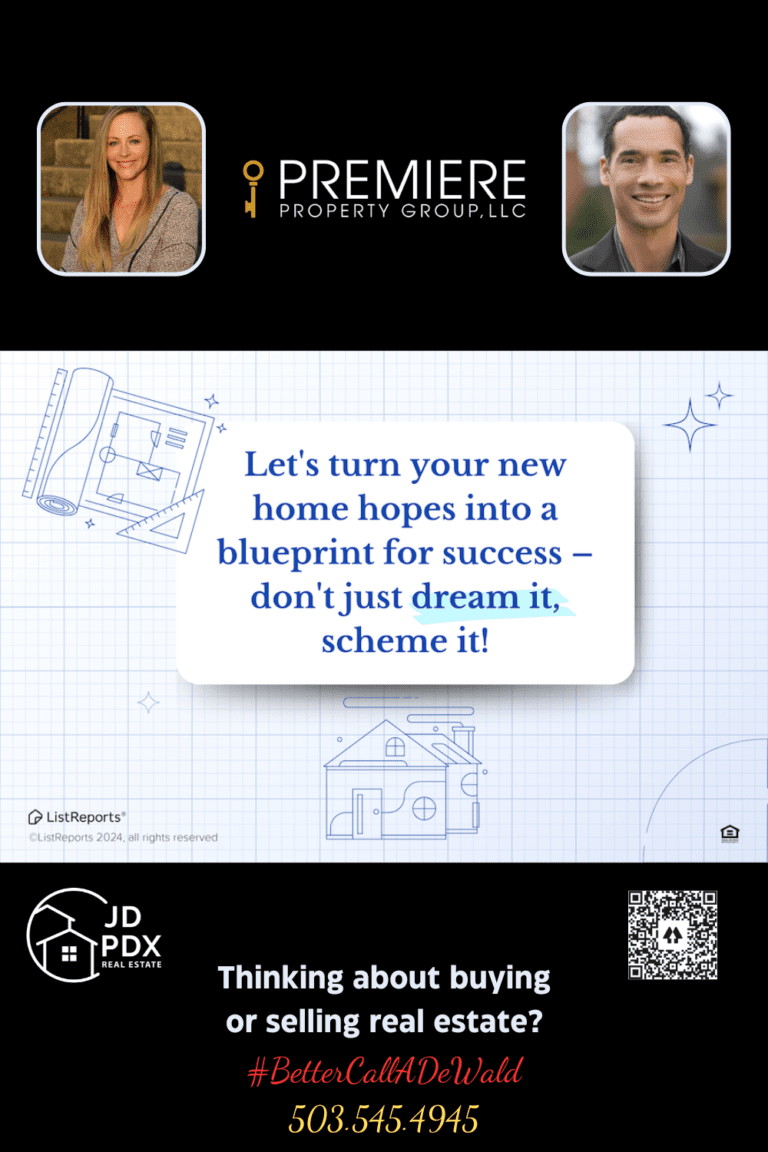 New Home Hopes. A promotional graphic featuring a blueprint-themed background with the text: 'Let's turn your new home hopes into a blueprint for success – don't just dream it, scheme it!' Below the text, there are details for a real estate agency, including photos of two agents, the agency's logo, contact information, and the tagline '#BetterCallADeWald.' The design elements include blueprints of houses, drawing tools, and a clean, professional layout.