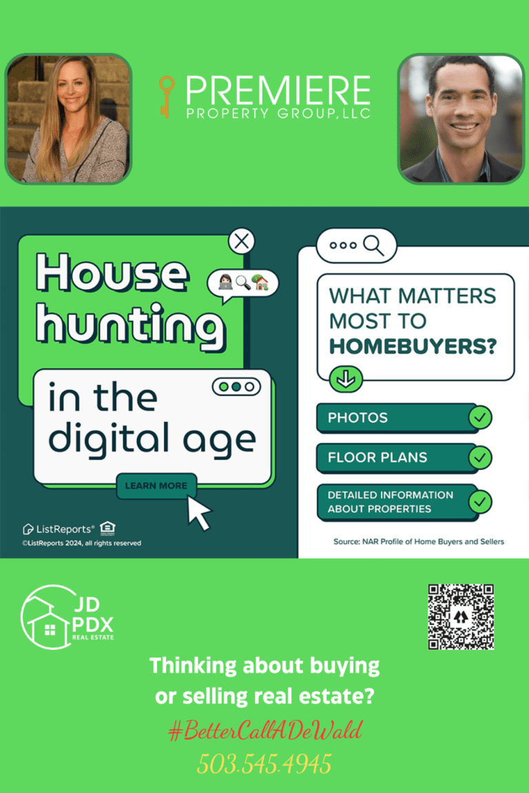 Make a Strong Impression Online. Infographic titled 'House Hunting in the Digital Age.' On the left, a green and white browser window design features a search bar, icons of a magnifying glass, and a house with a sold sign. A button labeled 'Learn More' with a cursor icon is at the bottom. On the right, a list shows what matters most to homebuyers: photos, floor plans, and detailed property information, each with a green checkmark. At the bottom, a real estate advertisement includes a photo of two agents, a phone number, the hashtag '#BetterCallADeWald,' and logos for JD PDX Real Estate and Premiere Property Group, LLC.