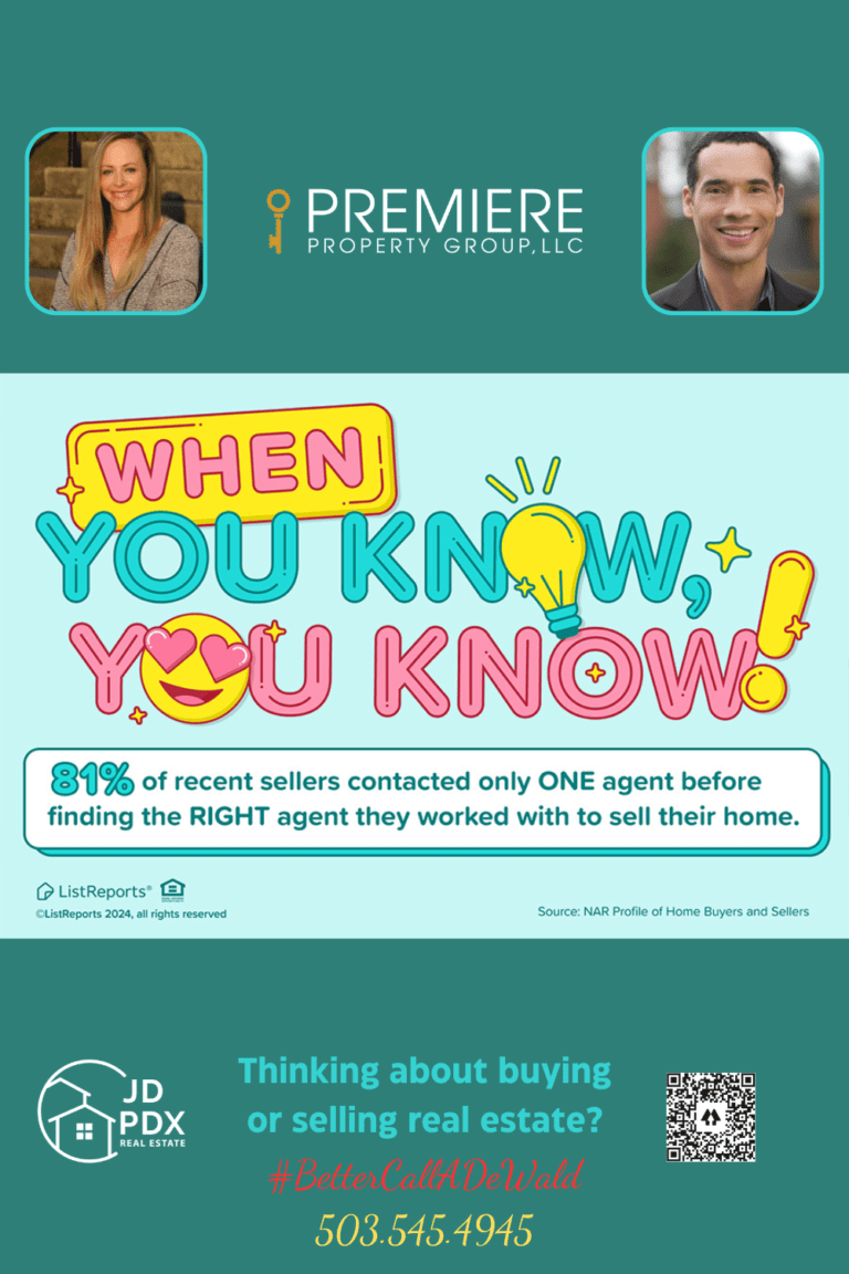 Ready to Make the Move? A bright and colorful real estate promotion graphic. The top half features the bold text, "WHEN YOU KNOW, YOU KNOW!" with playful fonts, emojis, and a light bulb symbolizing an idea. Below that, a statistic reads, "81% of recent sellers contacted only ONE agent before finding the RIGHT agent they worked with to sell their home," citing the NAR Profile of Home Buyers and Sellers. The bottom half contains contact information for JD PDX Real Estate, featuring photos of two realtors, a tagline "#BetterCallDeWald," phone number 503.545.4945, and the Premiere Property Group, LLC logo. There's also a QR code on the right side for easy access.