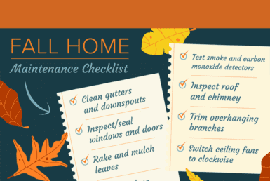 Tackle Home Seasonal Maintenance. Fall Home Maintenance Checklist" on two pieces of paper with tasks listed. The background features fall leaves in shades of orange and yellow. The checklist includes tasks such as cleaning gutters, inspecting windows and doors, raking leaves, testing smoke detectors, and more.