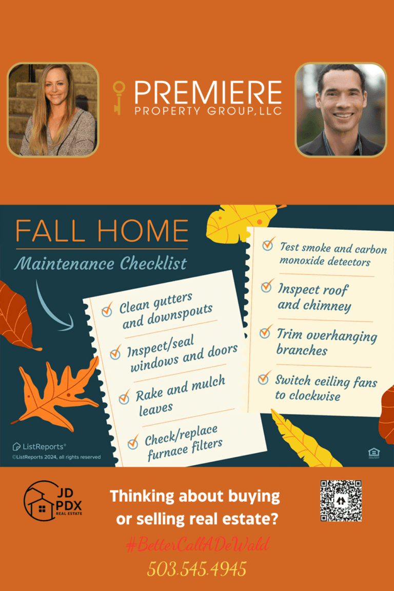 Tackle Home Seasonal Maintenance. Fall Home Maintenance Checklist" on two pieces of paper with tasks listed. The background features fall leaves in shades of orange and yellow. The checklist includes tasks such as cleaning gutters, inspecting windows and doors, raking leaves, testing smoke detectors, and more.