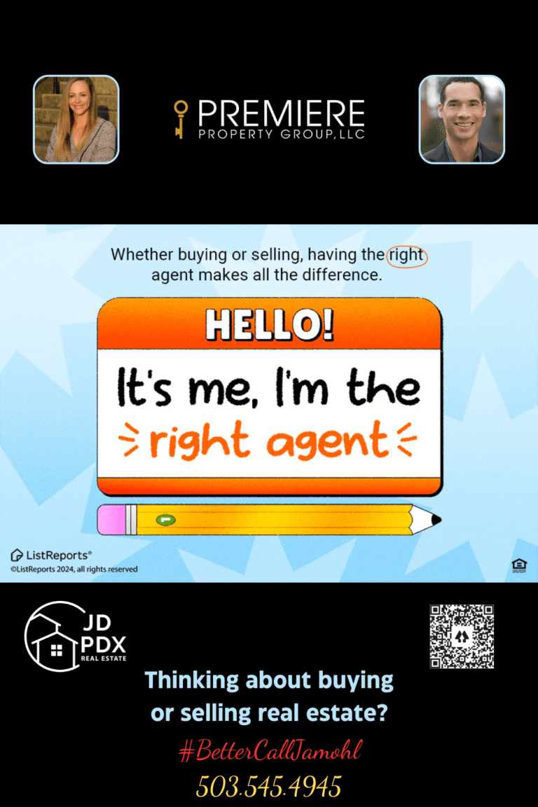 Are You Ready to Make Your Next Move. A real estate-themed graphic featuring the message, “Hello! It’s me, I’m the right agent.” The design emphasizes the importance of having the right agent when buying or selling a home. A pencil illustration sits beneath the text. At the bottom, the graphic includes contact information: "#BetterCallJamohl," 503.545.4945, and branding for JD PDX Real Estate and Premiere Property Group, LLC.