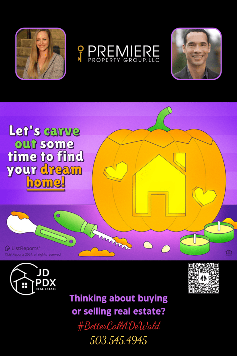 Find Your Spooky New Space. A festive illustration featuring a carved pumpkin with a glowing house symbol in the center, surrounded by playful heart shapes also carved into the pumpkin. Below the pumpkin, there are pumpkin carving tools, orange pumpkin pulp, seeds, and two green tea candles. The background is a gradient of purple tones, adding a fun, spooky vibe. The image also includes photos of two real estate agents, a QR code, and the branding for JD PDX Real Estate and Premiere Property Group, LLC. The theme promotes a playful connection between Halloween and finding your dream home.