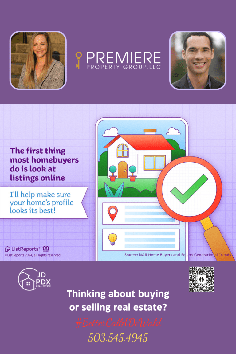 Make Sure Your Home Shines. Real estate promotional graphic featuring a home listing on a smartphone screen with a large green check mark. Text reads: 'The first thing most homebuyers do is look at listings online. I'll help make sure your home's profile looks its best!' Below, real estate agent photos with contact information, logos, and the hashtag #BetterCallADewald are displayed, along with a QR code.