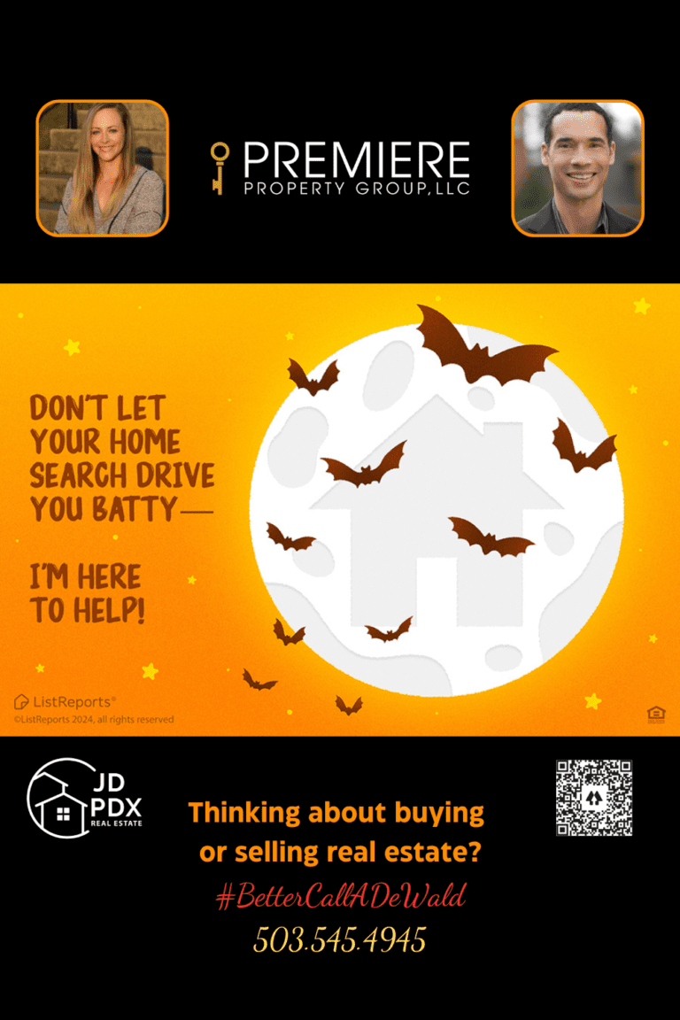 Ready to Sink Your Teeth Into The Market. A Halloween-themed real estate graphic with a bright orange background featuring bats flying around a large glowing moon shaped like a house silhouette. The text reads, "Don't let your home search drive you batty—I'm here to help!