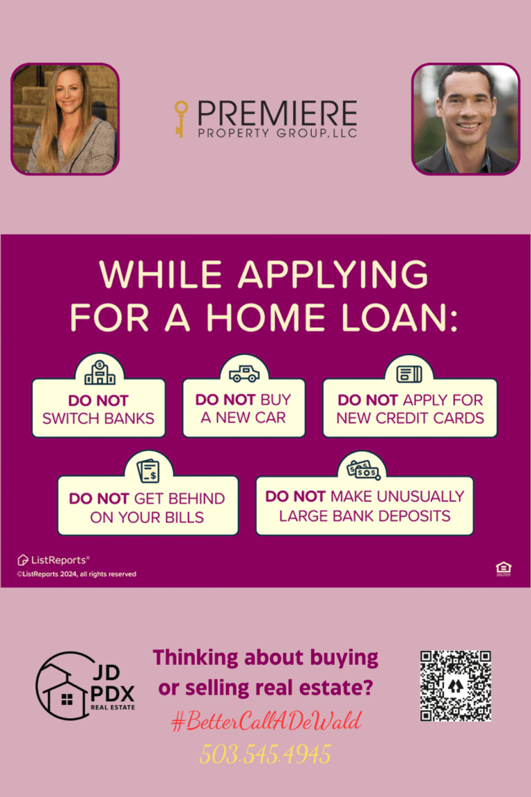 Don't do These While Applying for a Home Loan. A real estate-themed graphic titled "While Applying for a Home Loan," listing key actions to avoid. Icons accompany each tip: "Do not switch banks," "Do not buy a new car," "Do not apply for new credit cards," "Do not get behind on your bills," and "Do not make unusually large bank deposits.