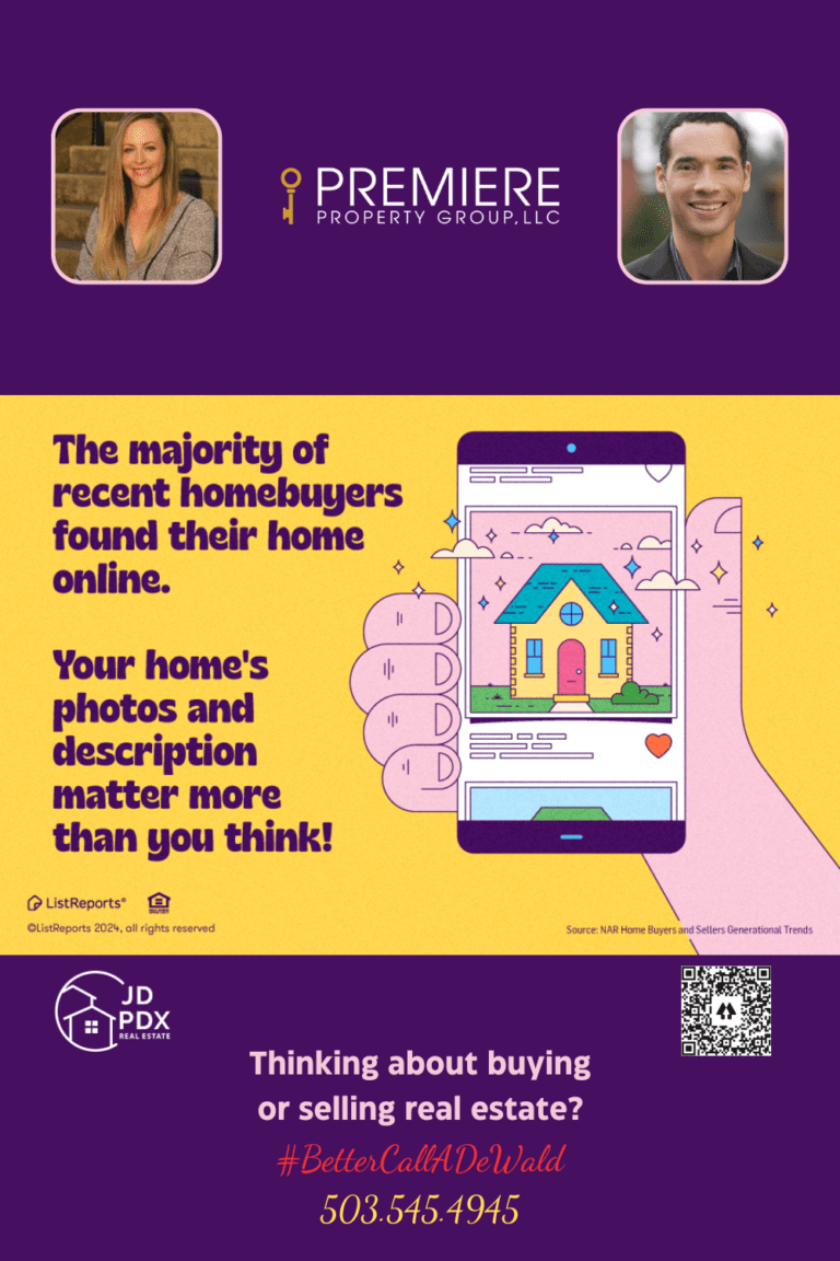 First Impressions Are Everything Online. A digital advertisement in two sections. The top section, with a yellow background, features a hand holding a smartphone displaying a colorful illustration of a house. Text reads, "The majority of recent homebuyers found their home online. Your home's photos and description matter more than you think!" The source is credited to ListReports and NAR Home Buyers and Sellers Generational Trends.