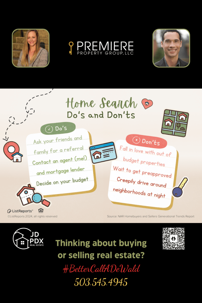 Home Search Do's and Don'ts. A real estate-themed graphic titled "Home Search Do's and Don'ts." The left side lists the "Do's," including asking for referrals, contacting an agent and lender, and deciding on a budget. The right side lists the "Don'ts," such as falling in love with out-of-budget properties, waiting to get preapproved, and driving around neighborhoods at night.