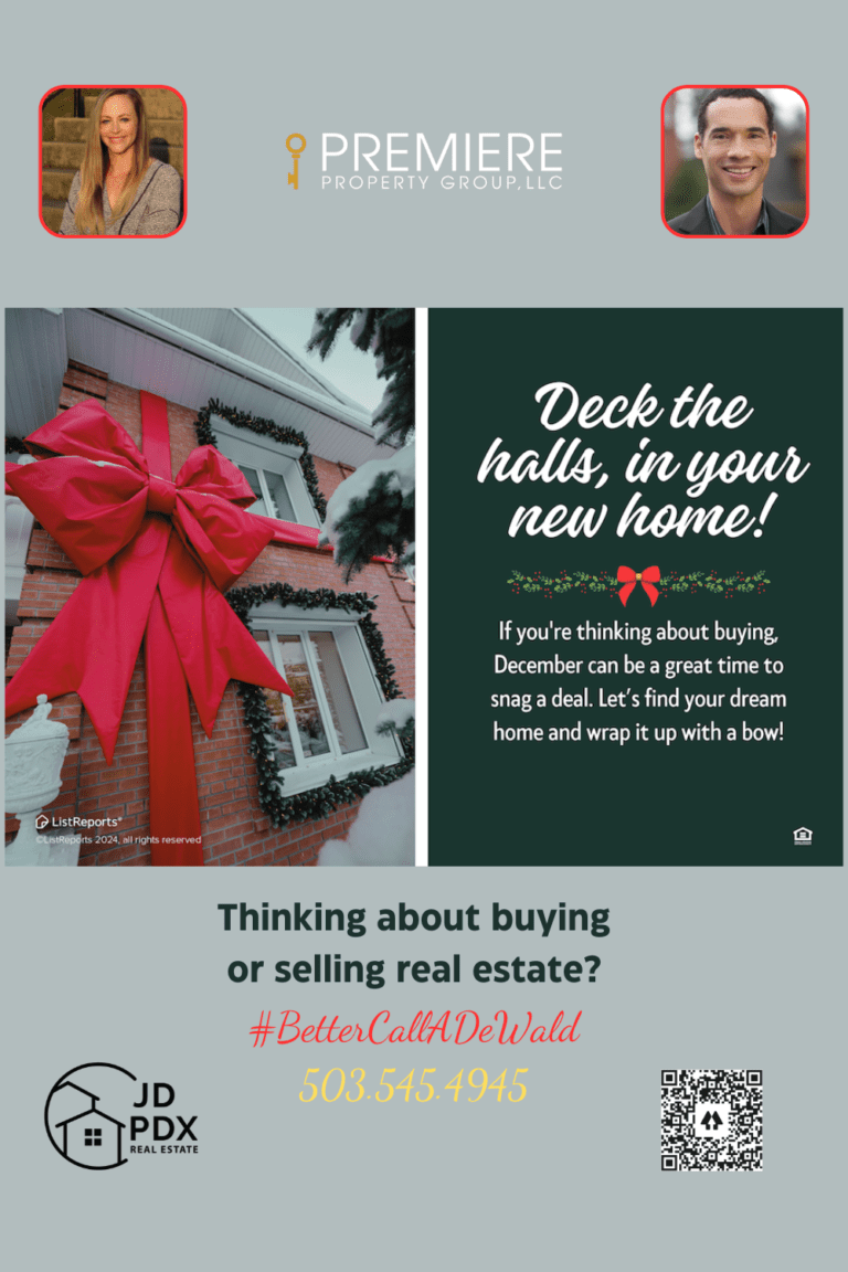 Deck The Halls in Your New Home. A festive promotional image encouraging home buying during the holiday season. The left side features a charming home decorated with a giant red bow and holiday greenery, symbolizing gift-wrapped new homes. The right side includes text highlighting December as a great time to buy, with a festive bow and holly accent. At the bottom, branding for JD PDX Real Estate.