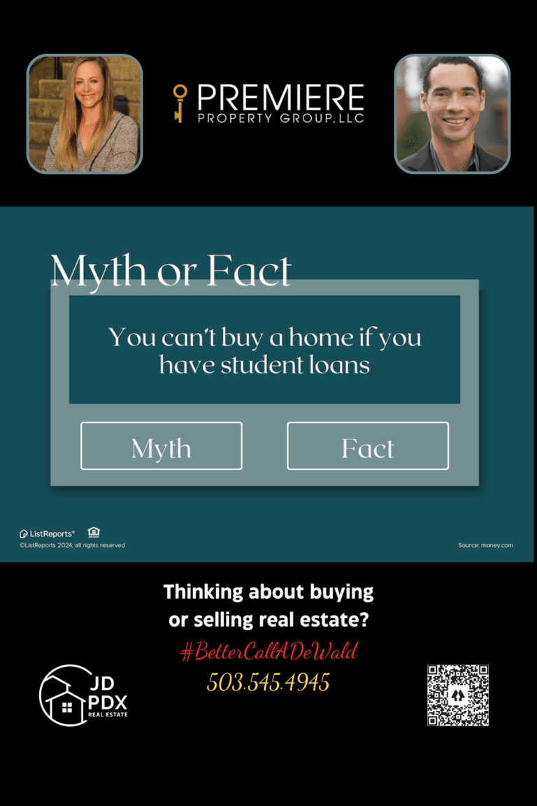 It Comes Down to Your DTI. Real estate marketing graphic titled 'Myth or Fact' with a teal background. The text reads, 'You can’t buy a home if you have student loans,' followed by two labeled buttons: 'Myth' and 'Fact.' Below, there’s a banner with two real estate agent headshots, their contact information, hashtag #BetterCallADeWald, phone number '503.545.4945