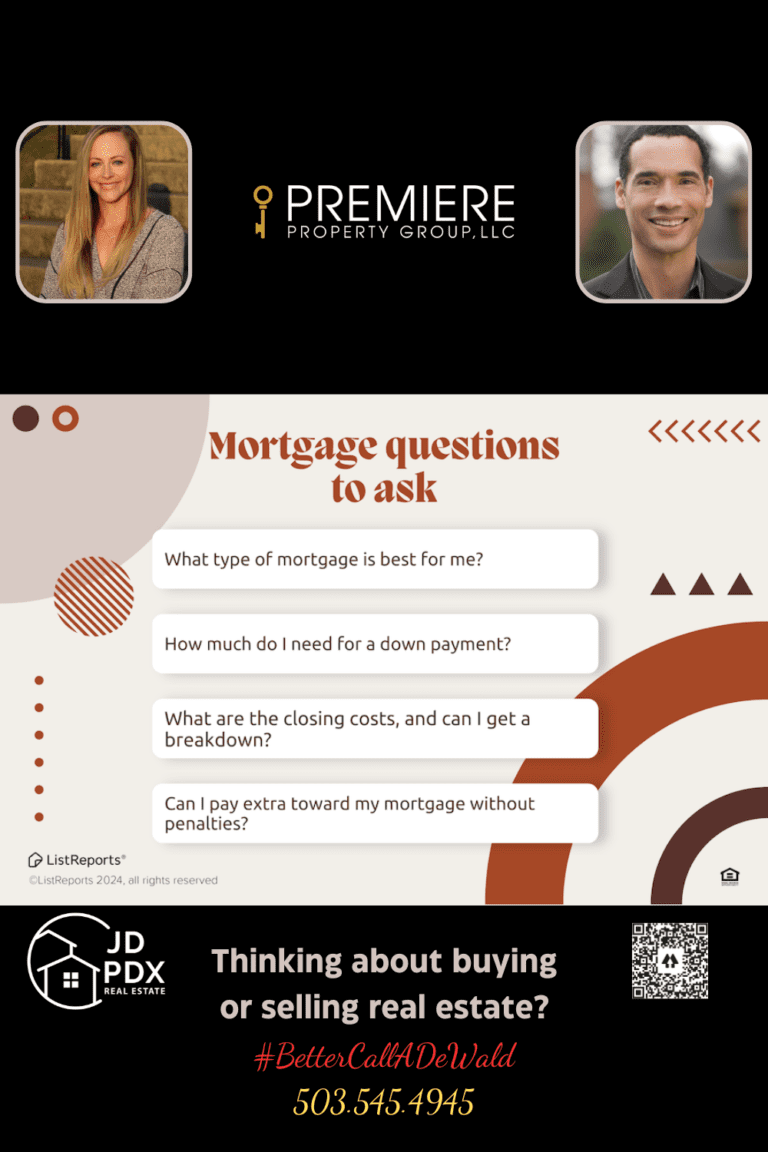 Mortgage Questions to Ask. Infographic outlining key mortgage questions to ask, including: 'What type of mortgage is best for me?', 'How much do I need for a down payment?', 'What are the closing costs, and can I get a breakdown?', and 'Can I pay extra toward my mortgage without penalties?'. The design features warm earth tones with modern shapes. At the bottom, branding for JD PDX Real Estate is displayed, along with agent photos, contact details, the hashtag '#BetterCallADeWald', and a QR code