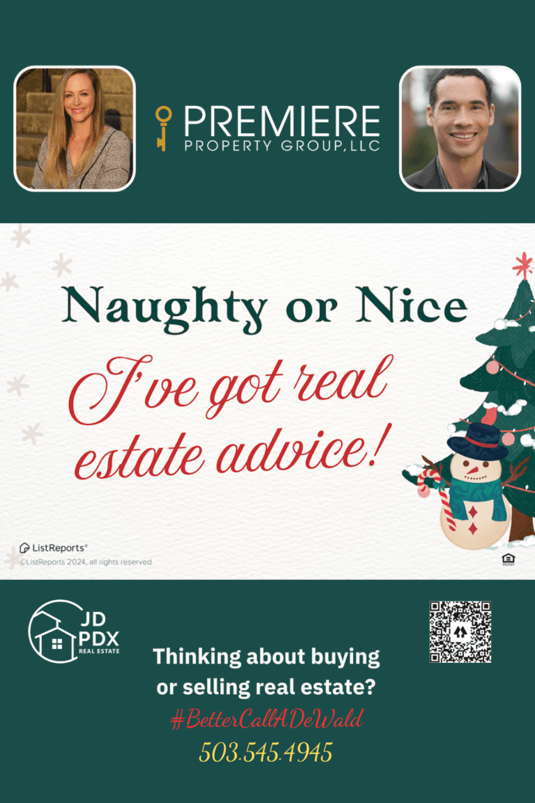 Real Estate Advice For You. Festive real estate graphic with a holiday theme. The top section features the text 'Naughty or Nice, I’ve got real estate advice!' in elegant red and green fonts, accompanied by a decorated Christmas tree and a cheerful snowman holding a candy cane.
