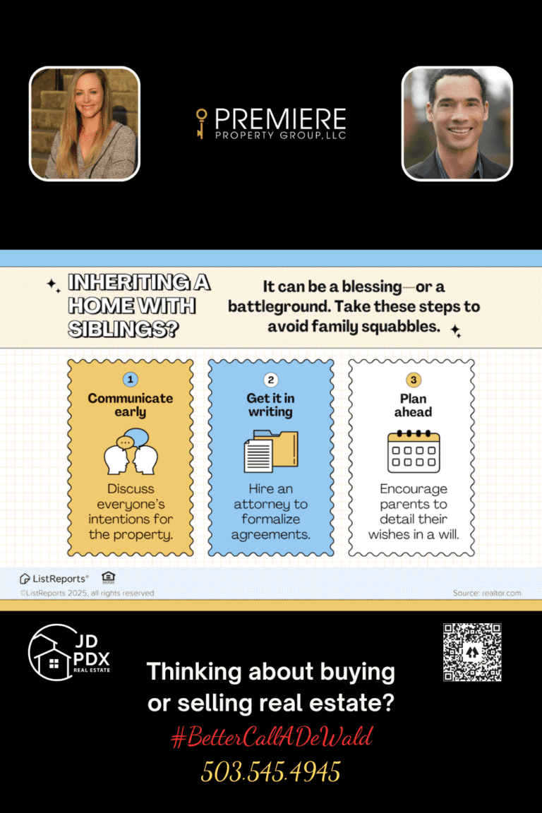 Inheriting a Home With Siblings. Infographic titled 'Inheriting a Home With Siblings?' with tips to avoid family conflicts: 1) Communicate early to discuss intentions for the property, 2) Get it in writing by hiring an attorney, and 3) Plan ahead by encouraging parents to detail their wishes in a will. The bottom section includes agent photos, contact details, the tagline '#BetterCallADeWald