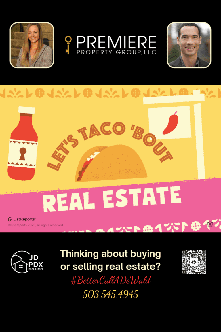 Colorful and festive real estate graphic with a taco theme. The image features a taco, a hot sauce bottle, and a real estate sign with a red chili pepper. The playful design uses bright yellows and pinks with decorative floral patterns, creating a fun and inviting vibe. Below, a banner includes real estate agent headshots, contact information, hashtag #BetterCallADeWald