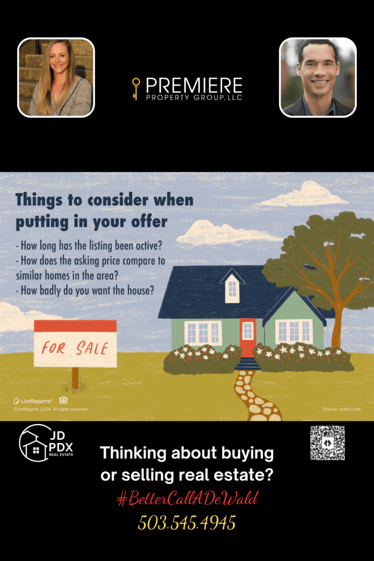 Putting in Your Offer. Illustration of a house with a 'For Sale' sign in the yard. The text highlights key considerations when putting in an offer on a home, such as listing duration, asking price comparisons, and buyer urgency. The bottom section features contact details for real estate agents, including photos, a hashtag '#BetterCallADeWald,' a phone number, and a QR code for additional resources.