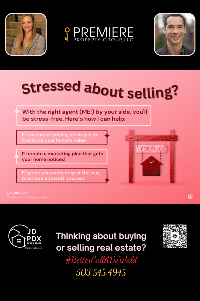 Stressed About Selling? Promotional graphic featuring the text 'Stressed about selling?' in bold at the top with tips on how the real estate agent can help, such as expert pricing strategies, marketing plans, and guidance through the selling process. The graphic is styled in pink tones with a 'For Sale' sign illustration. The bottom section showcases two agent photos, contact details, and the tagline '#BetterCallADeWald' with a QR code for easy access