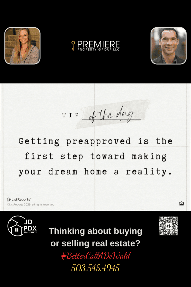 Dream of Finding a Home. The image is a real estate tip of the day graphic. The main text states: "Getting preapproved is the first step toward making your dream home a reality." The background has a simple, clean, and professional design, resembling a piece of paper with a taped note effect.