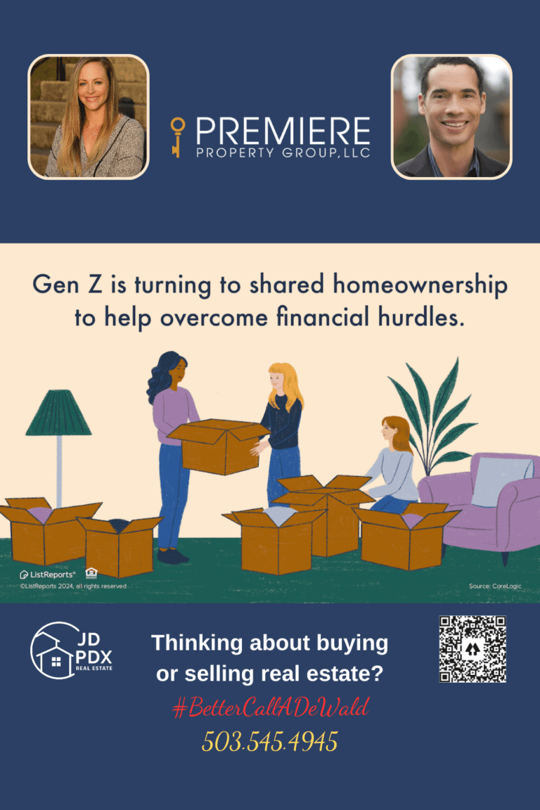 An illustration of three young adults unpacking boxes in a cozy living room, symbolizing Gen Z shared homeownership as a way to overcome financial hurdles. The scene showcases teamwork and collaboration in homeownership. Below, a banner with contact details for JD PDX Real Estate and Premiere Property Group, LLC
