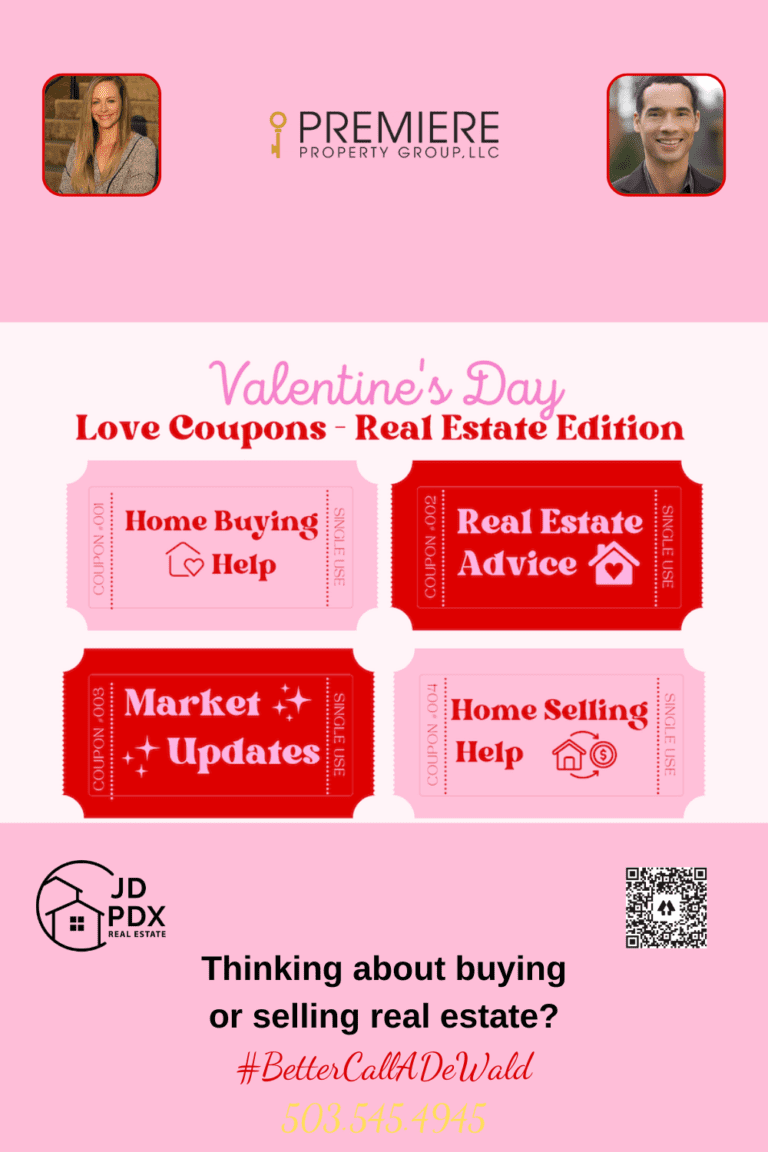 Real Estate Love Coupons. A Valentine's Day-themed real estate graphic titled "Love Coupons - Real Estate Edition." The design features four pink and red coupon-style tickets labeled: "Home Buying Help," "Real Estate Advice," "Market Updates," and "Home Selling Help." Below, a pink banner includes text: "Thinking about buying or selling real estate?" followed by the hashtag #BetterCallADeWald and the phone number 503.545.4945.