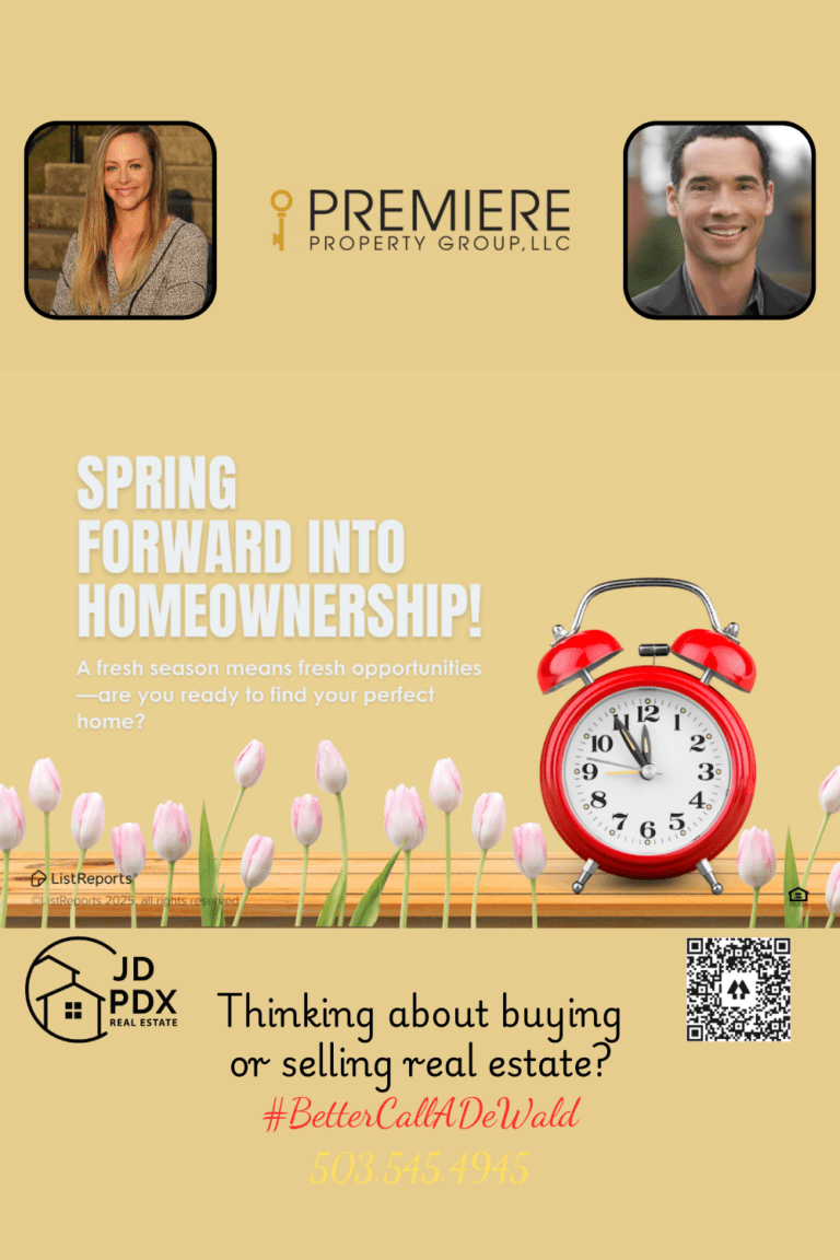 Spring Forward Into Homeownership A real estate advertisement with a springtime theme. The top section features bold white text stating "SPRING FORWARD INTO HOMEOWNERSHIP!", with a subheading that reads, "A fresh season means fresh opportunities-are you ready to find your perfect home?" The background is a warm beige color, decorated with pink tulips on a wooden surface. A red vintage alarm clock is prominently displayed, symbolizing the urgency of the spring home-buying season.