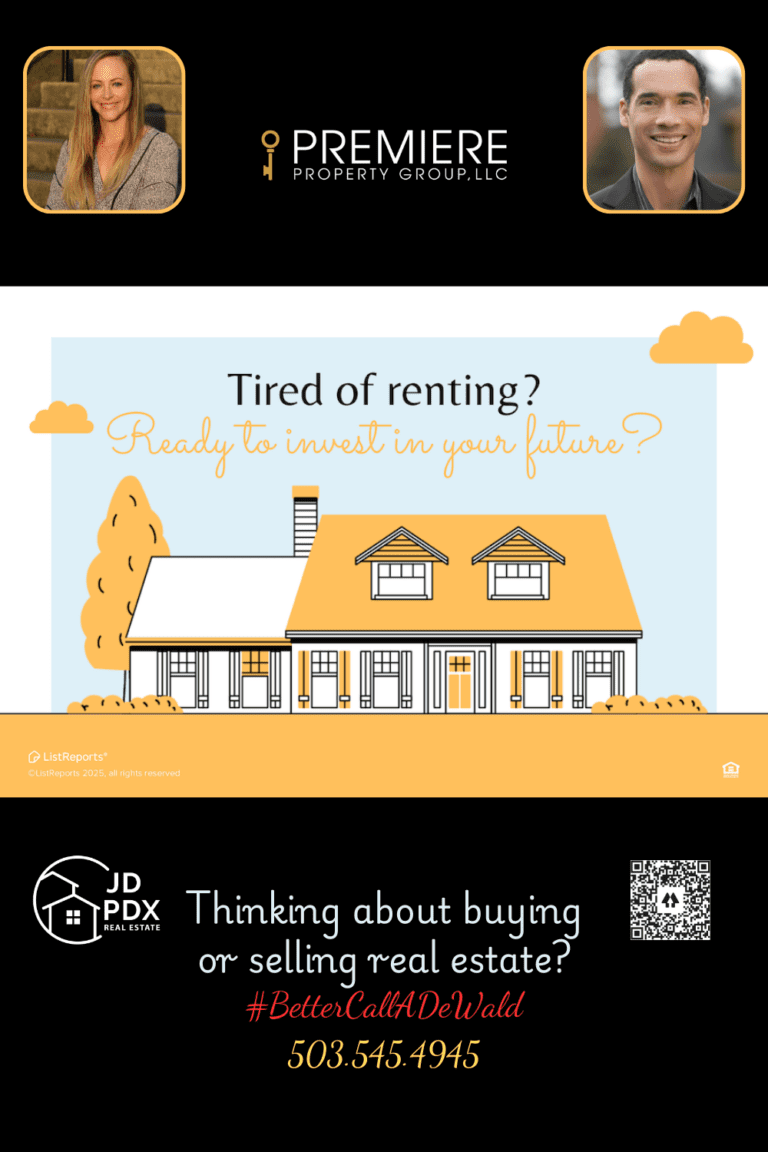 Time to Invest. he image is a real estate investment promotional graphic with a clean and modern design. The main text asks: “Tired of renting? Ready to invest in your future?” It features a minimalist illustration of a beautiful home with warm golden tones, symbolizing stability and homeownership.