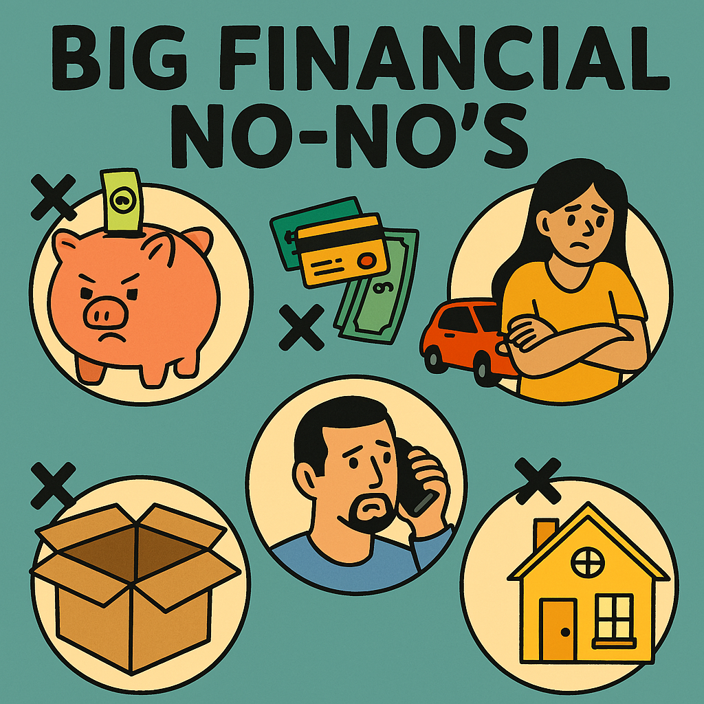 Big Financial No Nos. The image provides a helpful list of financial mistakes to avoid while buying a home, titled “Big Financial No-Nos While Buying a Home.” It emphasizes that keeping your finances steady is key to a smooth homebuying process. Things to avoid include: Moving large amounts of money around Applying for new credit cards Changing jobs without consulting your lender