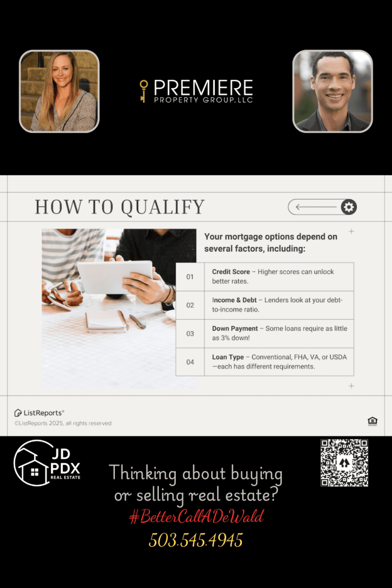 How to Qualify For a Home Loan. An infographic titled "How to Qualify" explains the key factors that impact mortgage eligibility. It includes a photo of two people reviewing a document on a tablet, and a list of four mortgage factors: 1) Credit Score, 2) Income & Debt, 3) Down Payment, and 4) Loan Type. At the bottom, there is a promotional section for JD PDX Real Estate and Premiere Property Group, LLC, featuring two agent photos, the slogan "#BetterCallADeWald