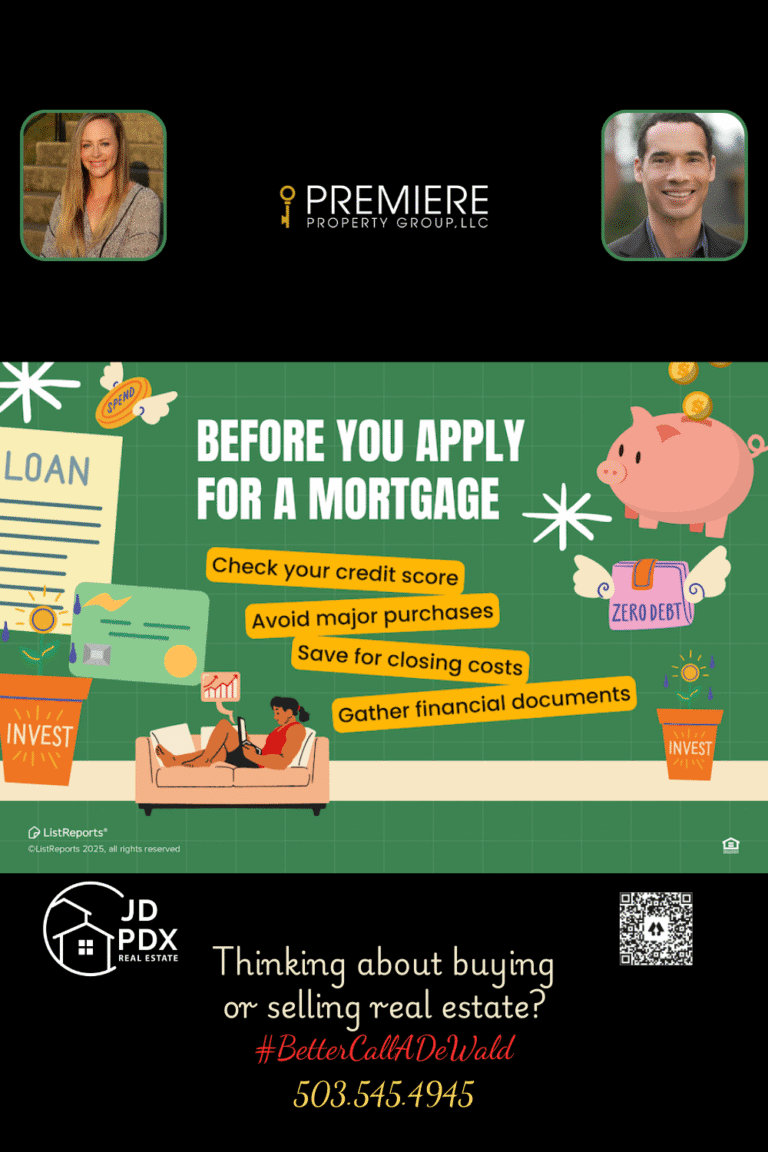 Before You Apply For A Mortgage. A colorful infographic with the title "Before You Apply For a Mortgage" features playful illustrations, including a piggy bank with coins, a stack of financial documents, a credit card, and a person lounging on a couch with a laptop. Tips like "Check your credit score," "Avoid major purchases," "Save for closing costs," and "Gather financial documents" are highlighted in bright yellow text.
