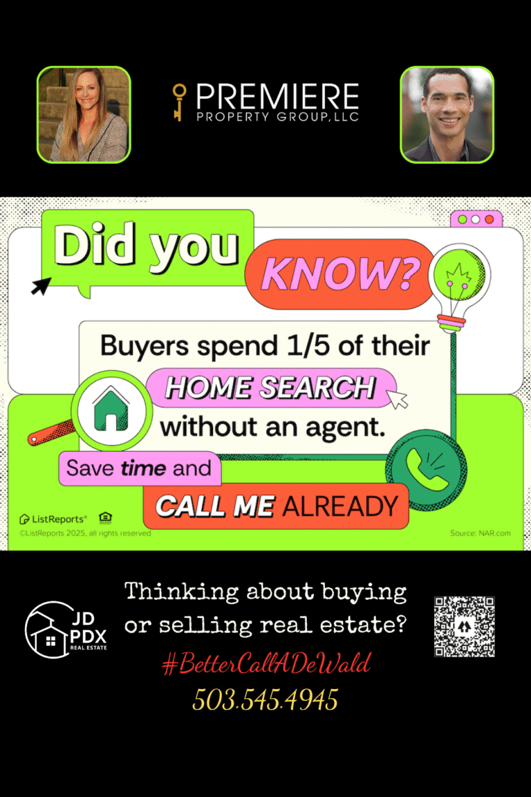 Home Search to Success. A colorful, comic-style graphic states, “Did you know? Buyers spend 1/5 of their home search without an agent.” Below, it says “Save time and CALL ME ALREADY” with a house icon and a green phone symbol. The design is vibrant with bright greens, reds, and purples, and includes lightbulb and arrow elements.