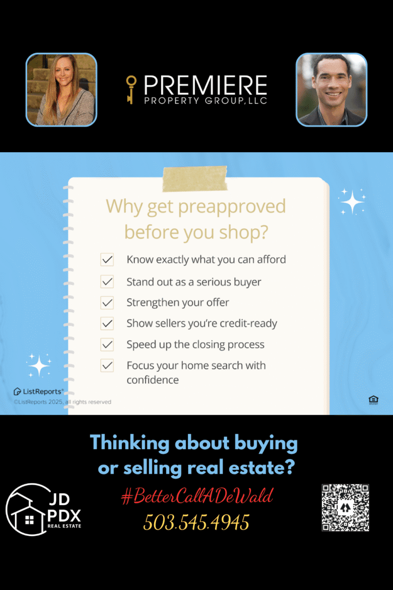 Get Pre Approved Before You Shop. A real estate marketing graphic highlights the benefits of getting preapproved before shopping for a home. A notepad graphic on a blue background lists six reasons: 1) Know exactly what you can afford, 2) Stand out as a serious buyer, 3) Strengthen your offer, 4) Show sellers you're credit-ready, 5) Speed up the closing process, and 6) Focus your home search with confidence.