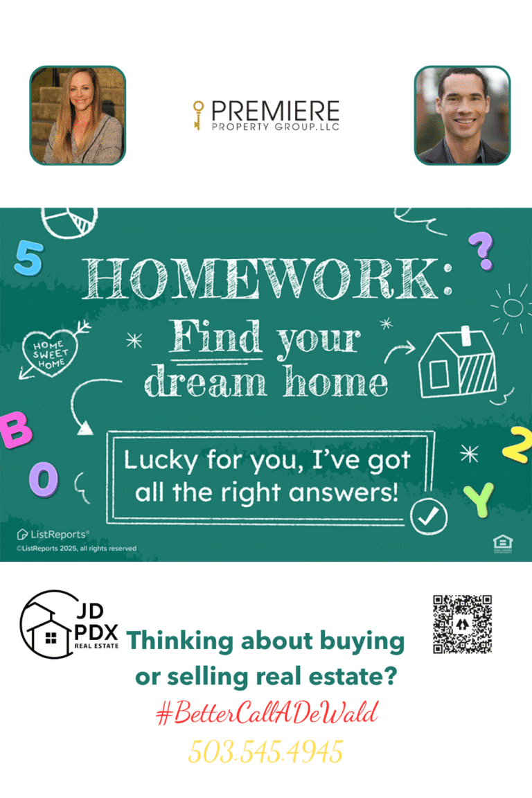 Home-Work Promotional real estate graphic with a chalkboard-style design. The top text reads “HOMEWORK: Find your dream home” with doodles of numbers, letters, a house, and question marks. A box below says, “Lucky for you, I’ve got all the right answers!