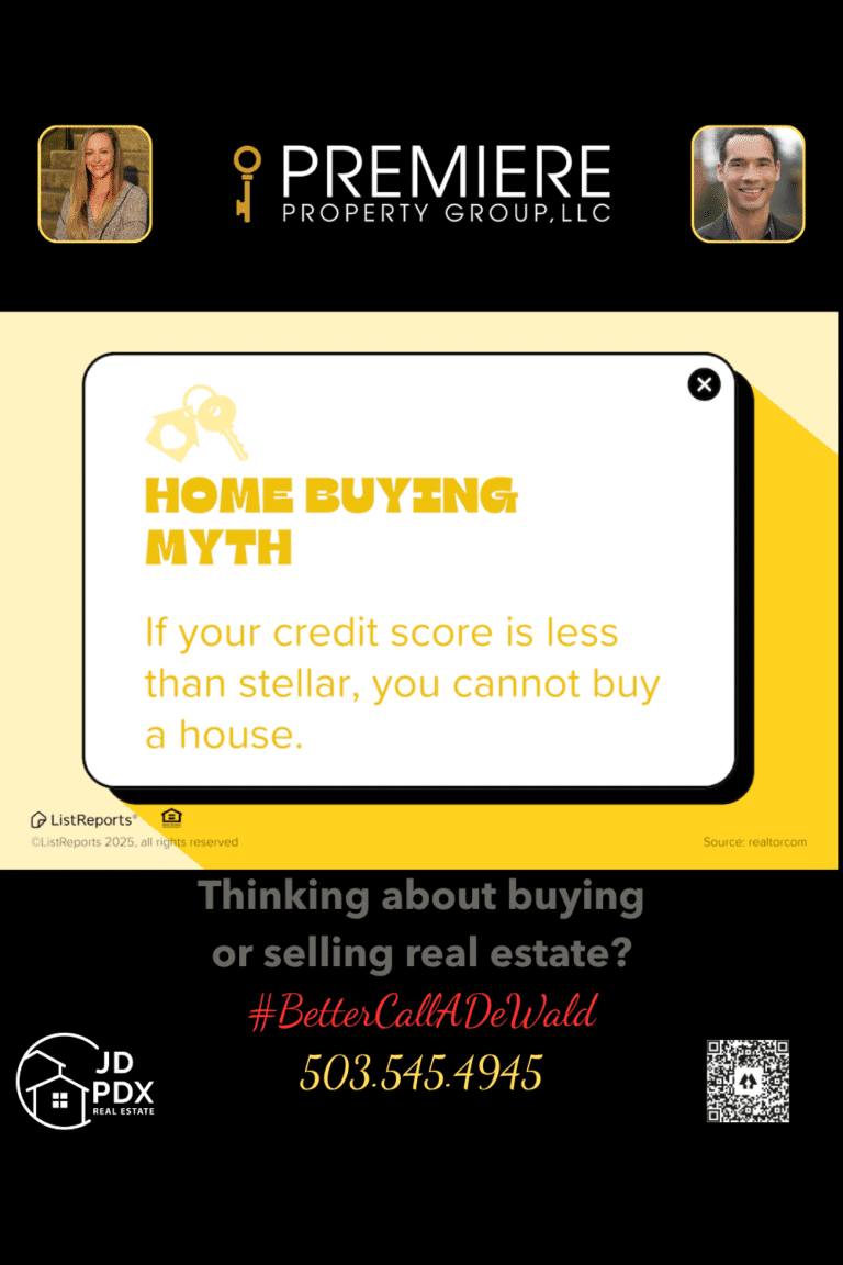 Loan Qualifiers. A real estate myth-busting graphic highlights the false belief: “If your credit score is less than stellar, you cannot buy a house.” The design mimics a pop-up window with bold yellow and white colors.