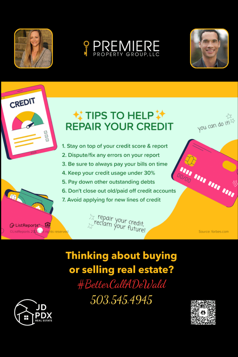 Tips to Help You Repair Your Credit. A colorful graphic titled “Tips to Help Repair Your Credit” shows a checklist of seven credit repair tips: monitor your credit score, dispute errors, pay bills on time, keep usage under 30%, pay down debts, don’t close old accounts, and avoid new credit lines. Decorative illustrations include a credit report on a tablet, a wallet with cash, and a pink credit card.