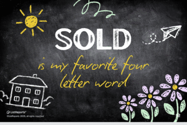 Favorite 4 Letter Word is SOLD. Chalkboard-style graphic with the phrase “SOLD is my favorite four letter word,” decorated with doodles of a sun, flowers, house, and paper airplane. Below are agent photos, JD PDX Real Estate and Premiere Property Group logos, phone number 503.545.4945, and the tagline #BetterCallADeWald