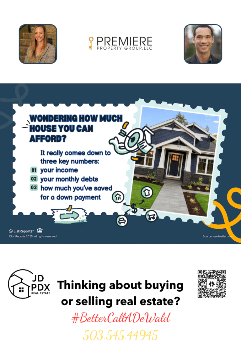 How Much House Can You Afford.Wondering how much house you can afford? It depends on income, monthly debts, and savings for a down payment.” Includes a photo of a blue house, agent photos, JD PDX Real Estate and Premiere Property Group logos, phone number 503.545.4945, and hashtag #BetterCallADeWald.
