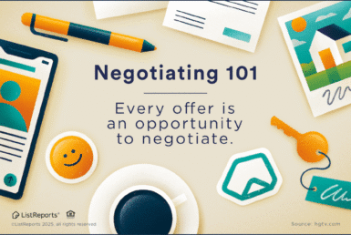 The Art of Real Estate Negotiation. Graphic says: “Negotiating 101. Every offer is an opportunity to negotiate.” Includes house keys, papers, coffee cup, and branding for JD PDX Real Estate and Premiere Property Group with contact info 503.545.4945 and hashtag #BetterCallADeWald