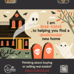 Fright-Free Homebuying Find a House So Perfect It’s Scary. A friendly Halloween-themed image featuring two cute ghosts near a spooky house with pumpkins and tombstones, promoting real estate services from JD PDX Real Estate and Premiere Property Group