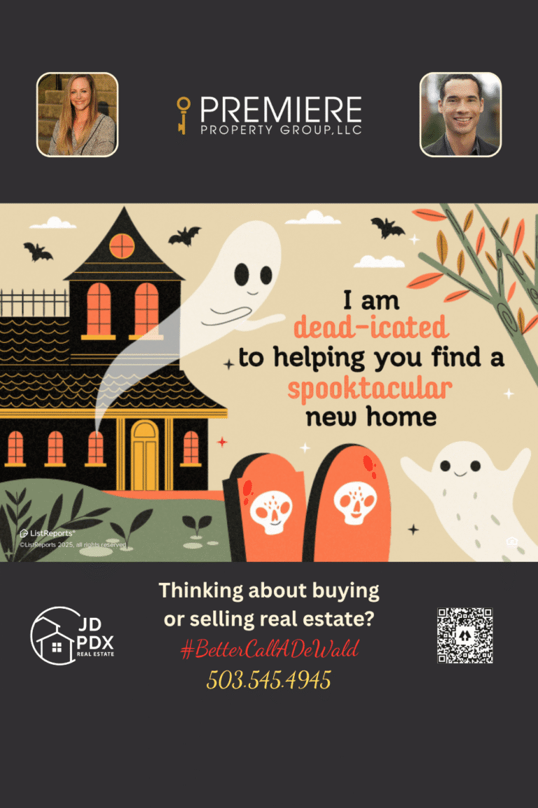 Fright-Free Homebuying Find a House So Perfect It’s Scary. A friendly Halloween-themed image featuring two cute ghosts near a spooky house with pumpkins and tombstones, promoting real estate services from JD PDX Real Estate and Premiere Property Group