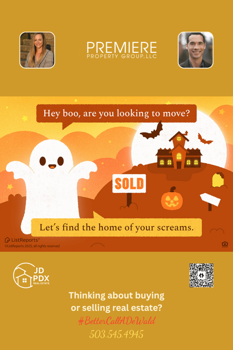 Stop Haunting Listings and Start House Hunting. A cute Halloween-themed image featuring a smiling ghost waving near a pumpkin and a house with a “SOLD” sign under a glowing full moon. The warm orange and yellow background creates a cozy fall vibe.