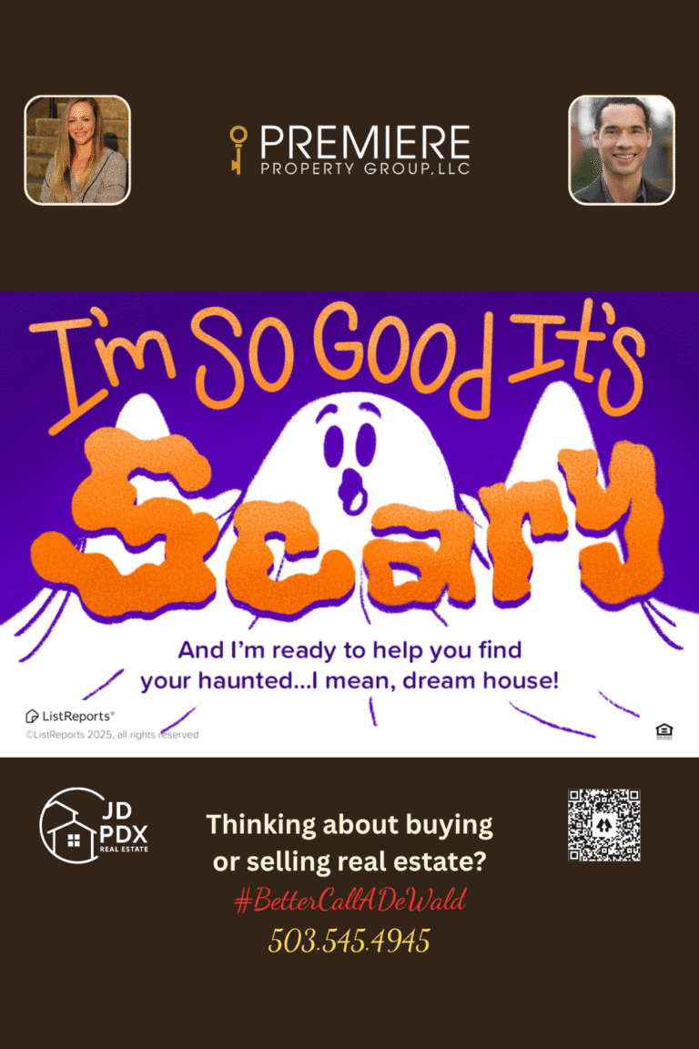 This Home Search Is Frighteningly Easy. A playful Halloween-themed image with a friendly cartoon ghost and the words “I’m so good it’s scary,” promoting JD PDX Real Estate and Premiere Property Group.