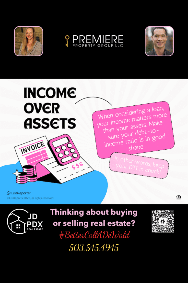 Your DTI The Secret Behind Every Mortgage Approval. A real estate graphic featuring a pink calculator, invoice, and coins under the bold headline “Income Over Assets.” A pink speech bubble reads, “When considering a loan, your income matters more than your assets. Make sure your debt-to-income ratio is in good shape,” followed by “Keep your DTI in check!