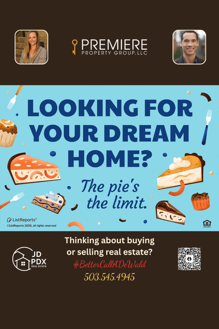 Fall Into Possibilities. Real estate graphic with slices of pie surrounding the question ‘Looking for your dream home?’ and agent branding displayed below