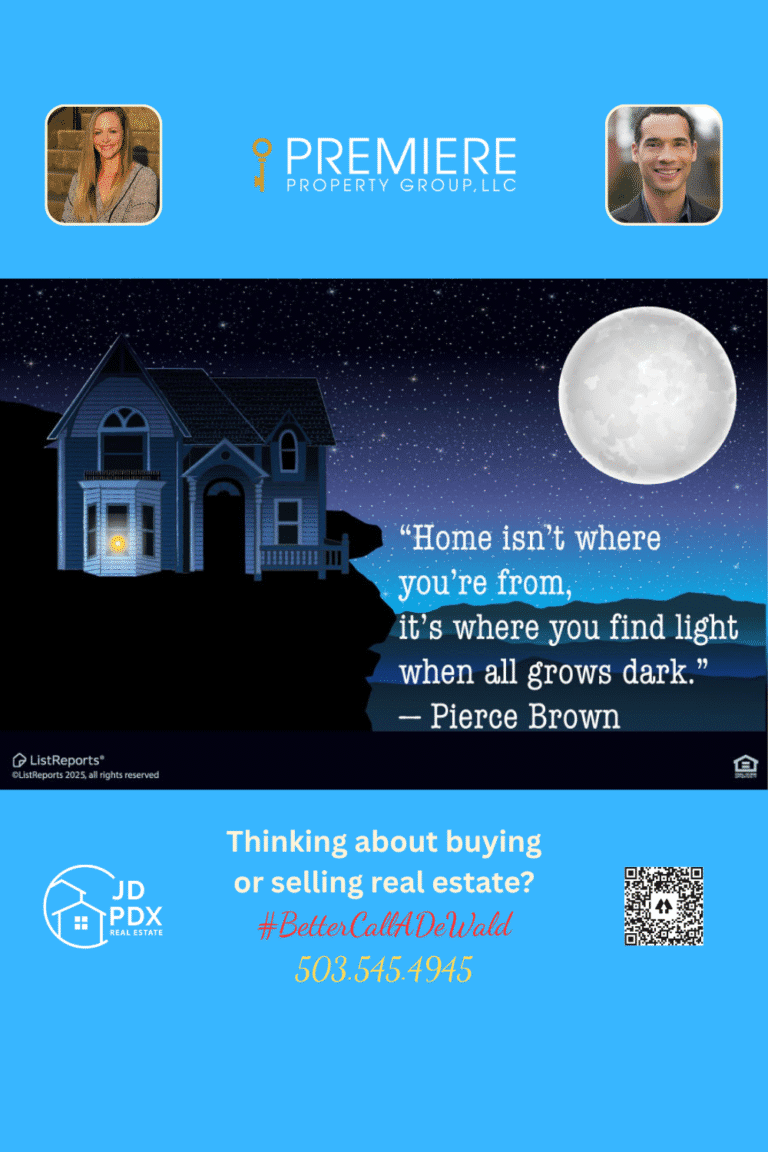 Finding the Place You Truly Feel at Home. Illustration of a house glowing softly at night on a cliffside under a bright full moon and starry sky. A quote about home and light appears beside it.